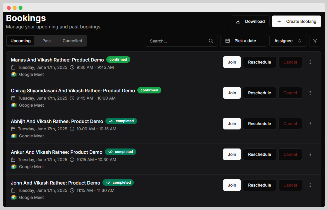 Appointment booking system with centralized meetings view