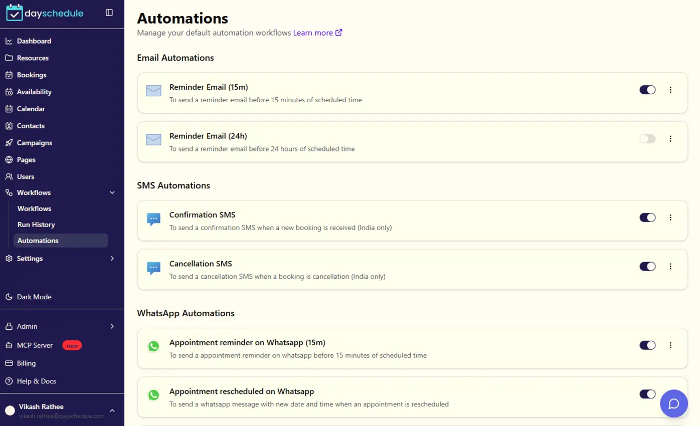 Dayschedule notification settings for email and SMS booking reminders