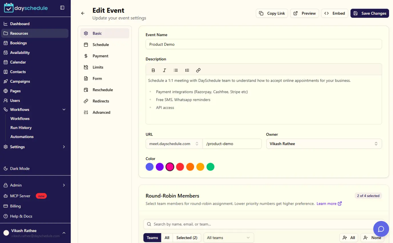 Dayschedule event creation form with fields for event name, duration, location and description