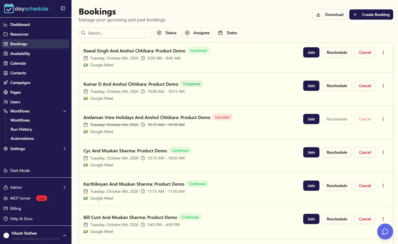 Dayschedule bookings list with upcoming and past appointments and reschedule or cancel actions