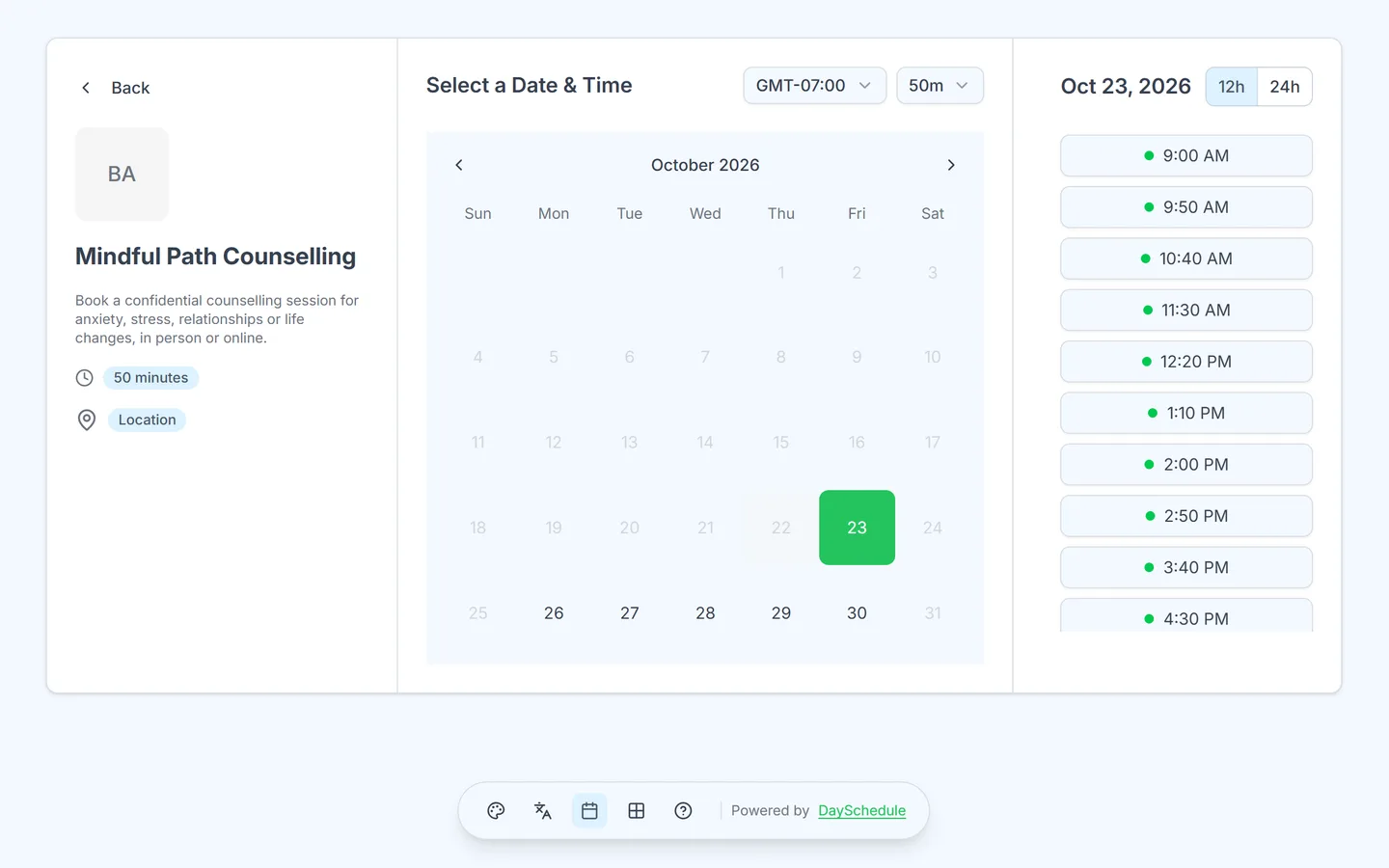 Counselling booking page created with DaySchedule
