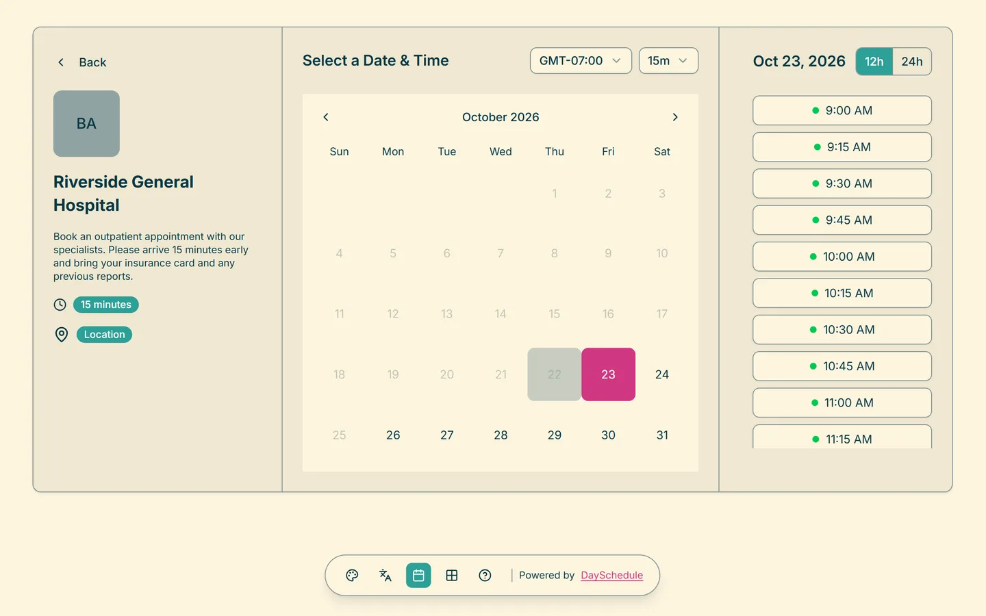Hospital booking page created with DaySchedule