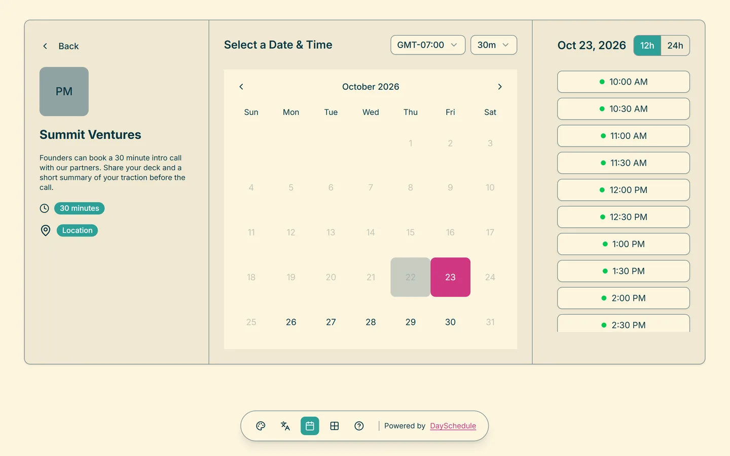 Investors booking page created with DaySchedule
