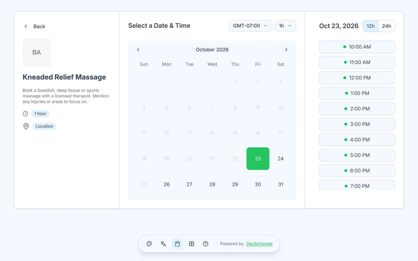 Massage Therapy booking page created with DaySchedule