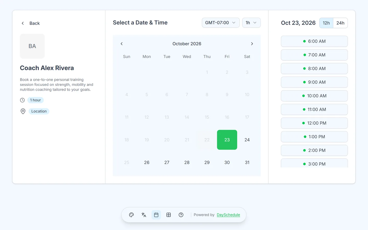 Personal Training booking page created with DaySchedule