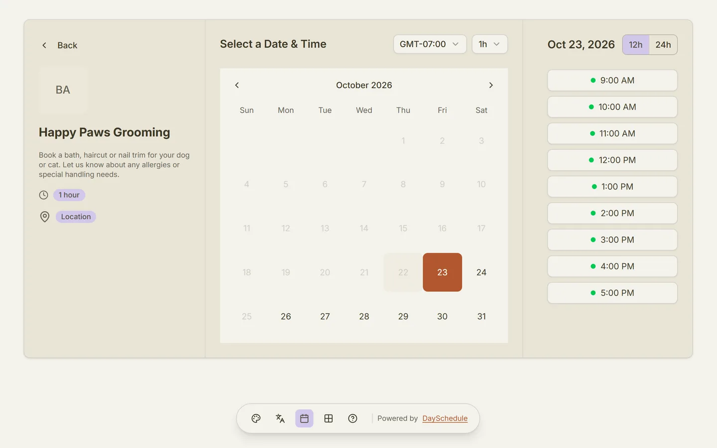 Pet Services booking page created with DaySchedule