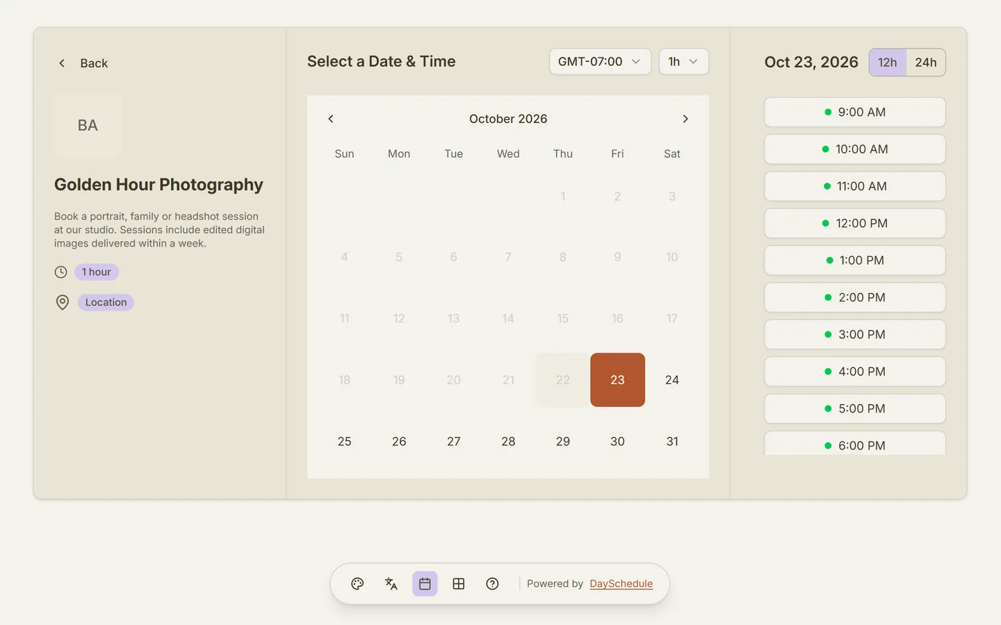 Photography booking page created with DaySchedule