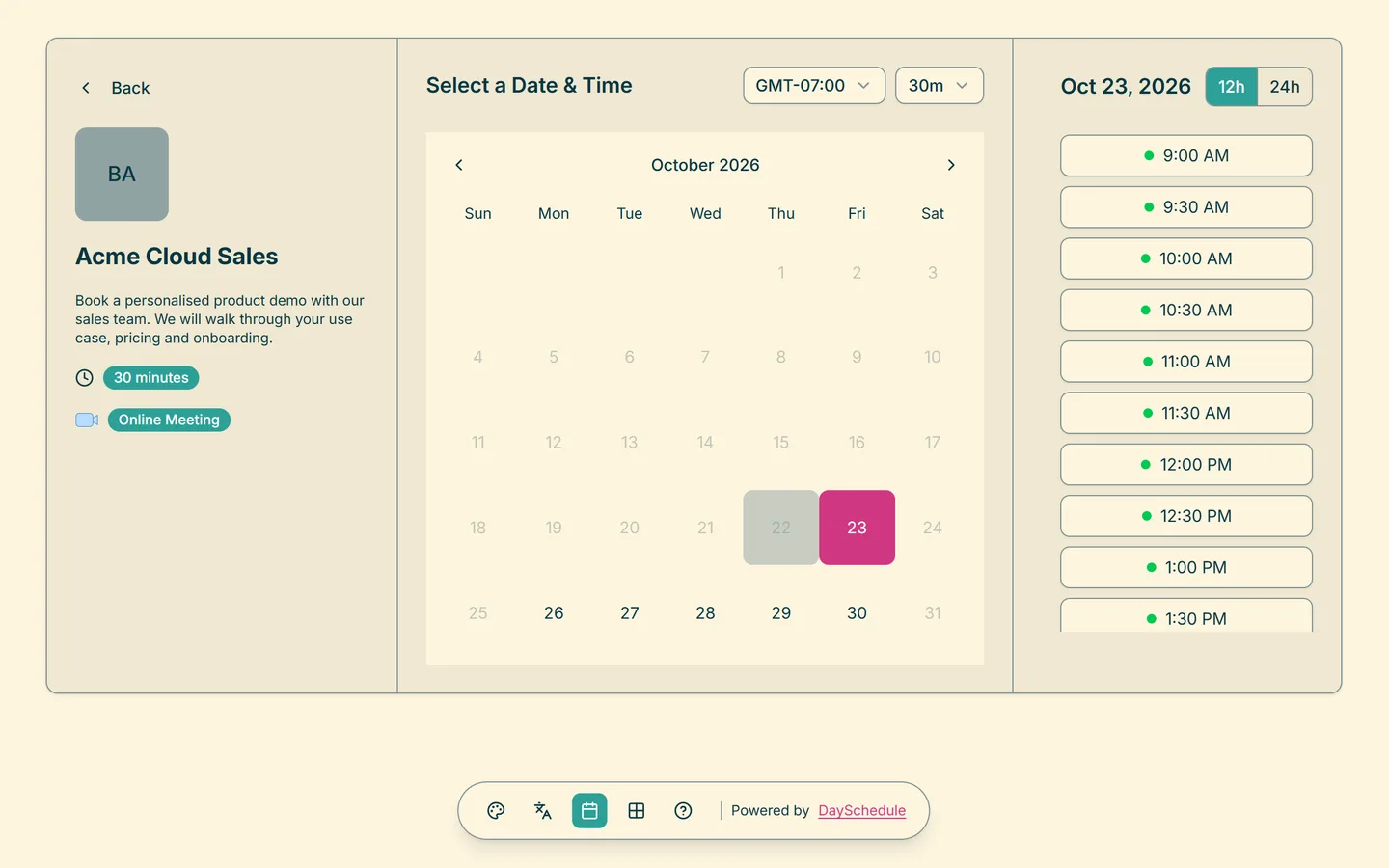 Sales booking page created with DaySchedule
