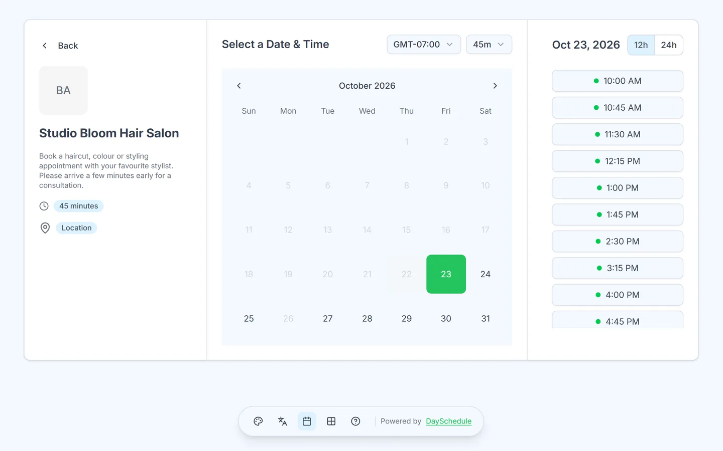 Salons booking page created with DaySchedule