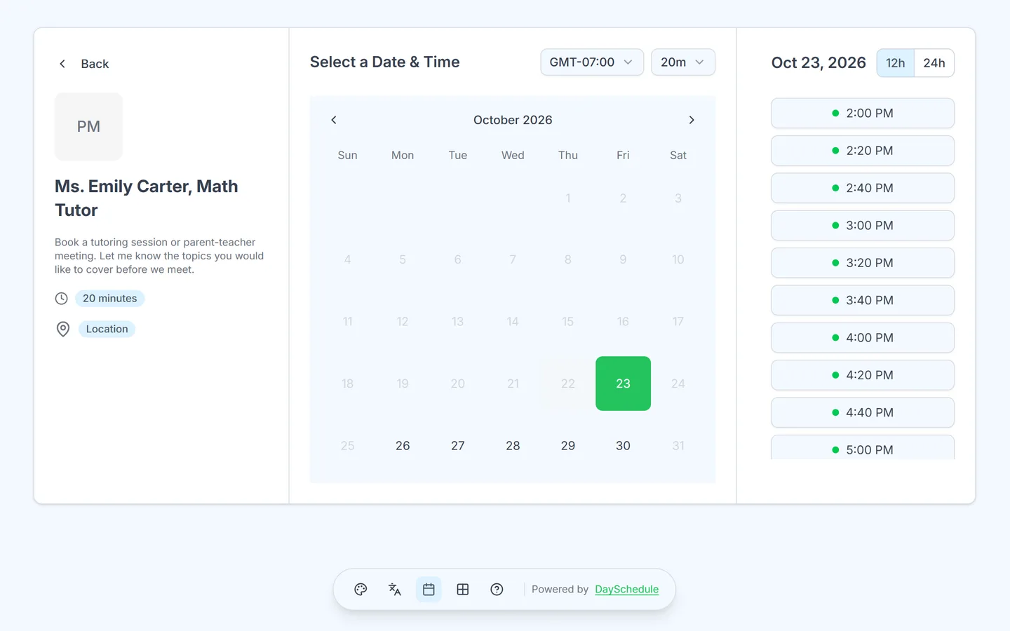Teachers booking page created with DaySchedule