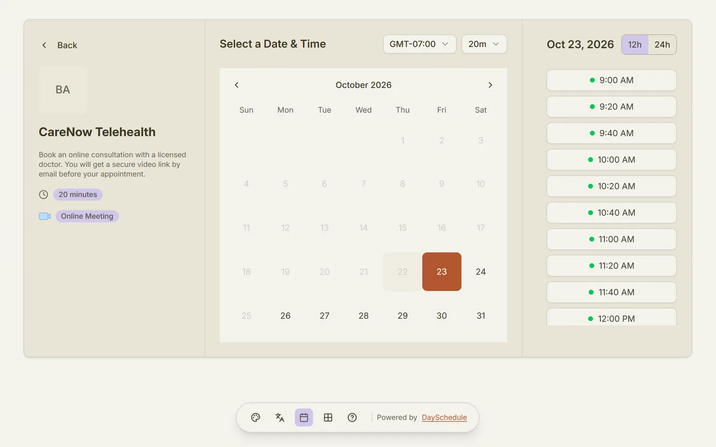 Telemedicine booking page created with DaySchedule