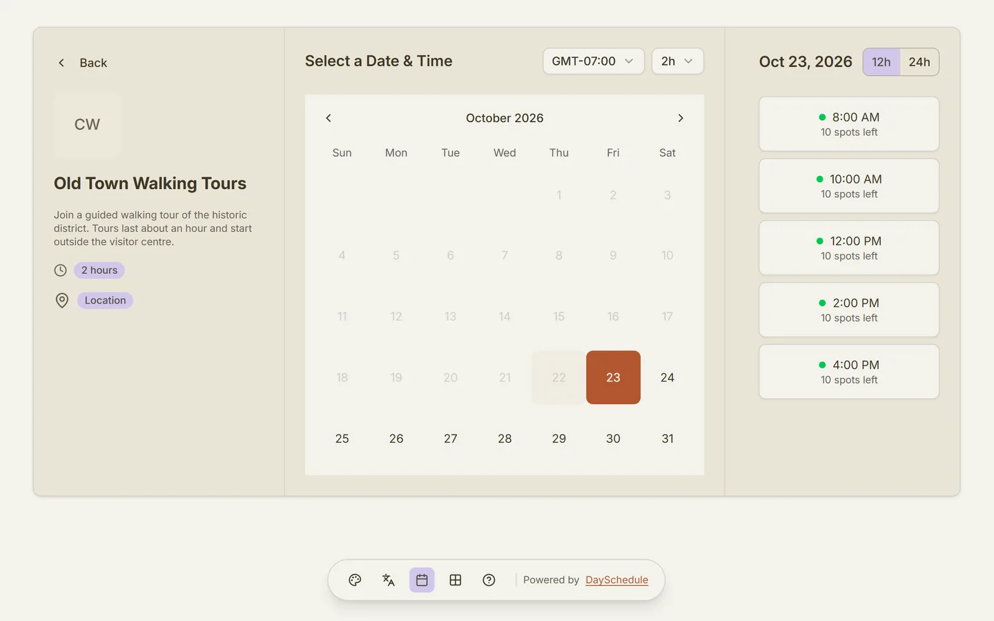 Tour Booking booking page created with DaySchedule